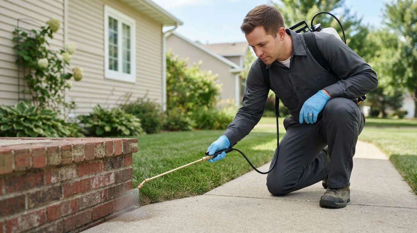 Pest control technician treating a home near Cost, TX