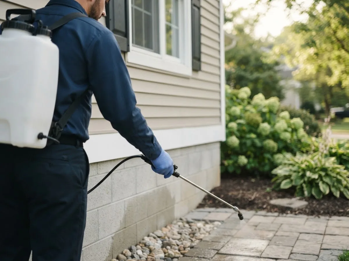 Pest control technician inspecting a home in Cost, TX